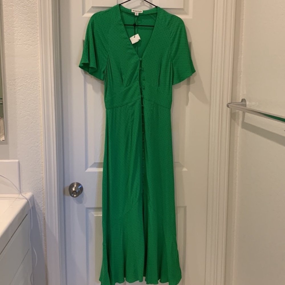 Whistles Kelly Green Micro Spot Polka Dot Modest Midi Dress Size 2 - Picture 3 of 12